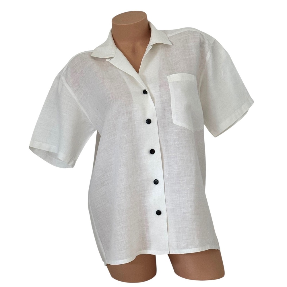 Jaeger White 100% Linen Short Sleeve Button Down Shirt VTG Size 32 inch / 81 cm